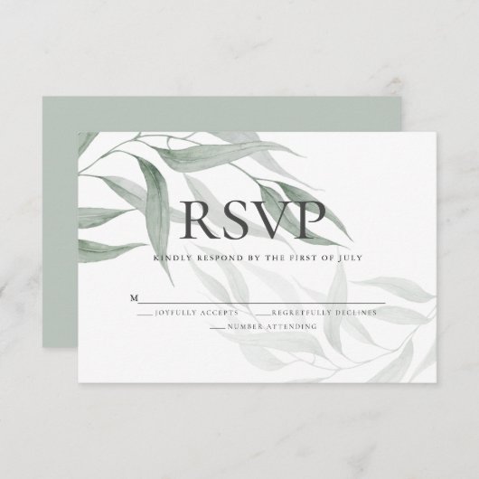 Invitation RSVP | Aquarelle verte Dusty Feuilles de bois (Devant / Derrière)