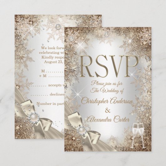 Invitation RSVP Argent Perle Crème Beige Nœud Flocon de Neige (Devant / Derrière)