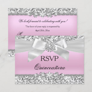 Invitation RSVP Argent Rose Pailleté Bijou Nœud Quinceanera