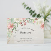 Invitation RSVP Art à l'aquarelle rustique Fleurs rose ivoire (Debout devant)