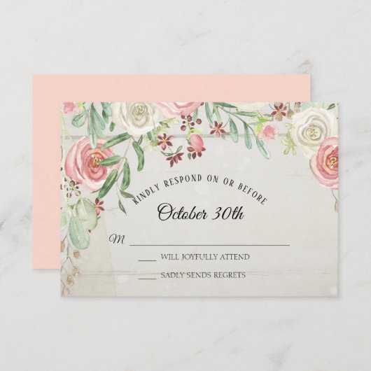 Invitation RSVP Art à l'aquarelle rustique Fleurs rose ivoire (Devant / Derrière)