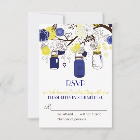 Invitation RSVP avec pots Mason Bleu Nuit et Jaune (Devant)