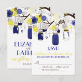 Invitation RSVP avec pots Mason Bleu Nuit et Jaune (Devant / Derrière)
