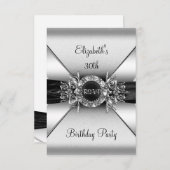 Invitation RSVP Birthday Diamond Jewor Black White Silver (Devant / Derrière)