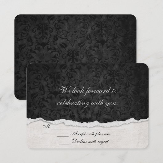 Invitation RSVP Black Damask avec bordure déchirée (Devant / Derrière)