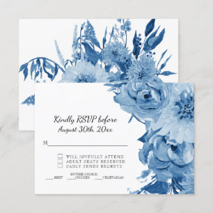 Invitation RSVP Bleu et Blanc Aquarelle Mariage Floral Modern