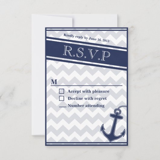 Invitation RSVP bleu marine du chevron nautique (Devant)