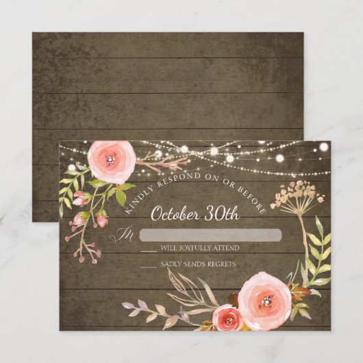 Invitation RSVP Bois Rustique Élégant Fleurs Peintes (Devant / Derrière)