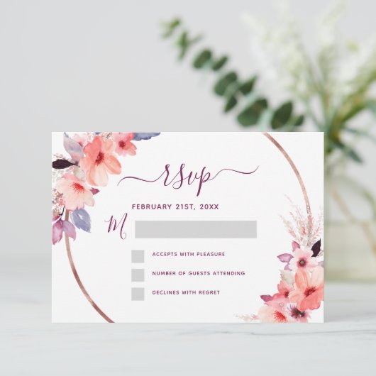 Invitation RSVP Bourgogne Fleurs Rose Or Géométrique Mariage (Debout devant)