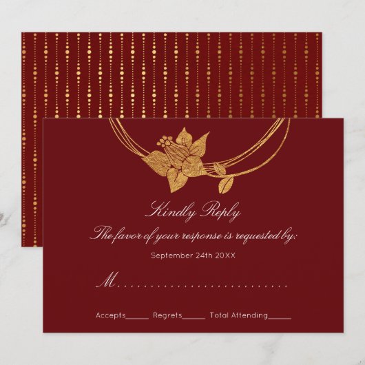 Invitation RSVP Burgundy Maroon Gold Floral Wreath Lux (Devant / Derrière)