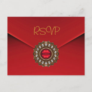Invitation RSVP Carte Postale Rouge Bijou Or