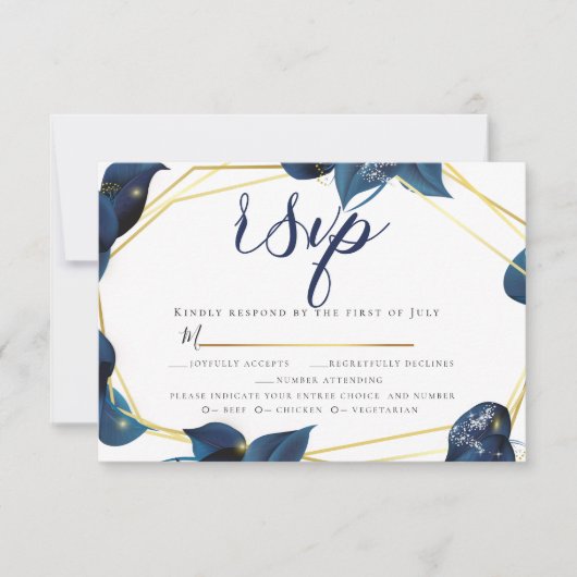 Invitation RSVP | Choix de repas Moderne Deep Indigo Blue Gol (Devant)