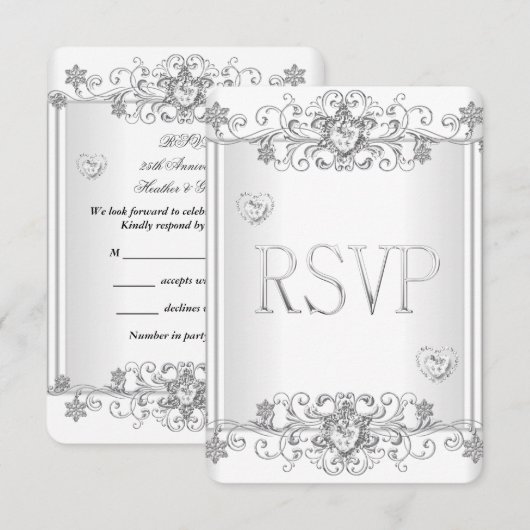 Invitation RSVP Cœurs de diamant blanc argenté 2 (Devant / Derrière)