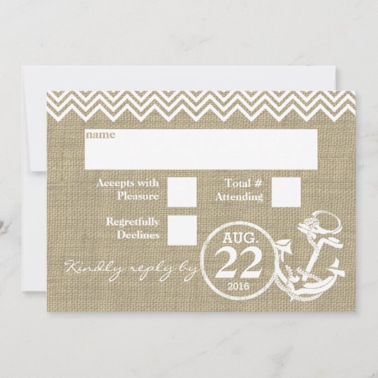 Invitation RSVP de mariage Chevron d'ancre nautique (Devant)
