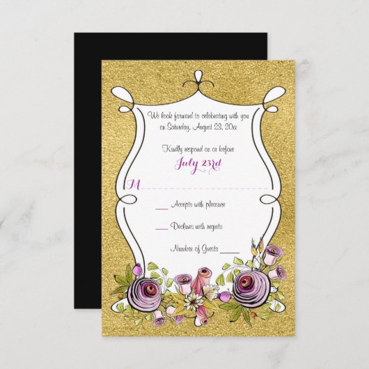 Invitation RSVP de mariage fantaisiste | Fausse feuille d'or, (Devant / Derrière)