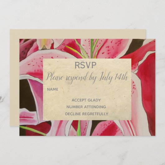 Invitation RSVP de mariage Fleurs de lys roses art rustique (Devant / Derrière)