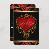Invitation RSVP de mariage rouge noir et or (Devant / Derrière)