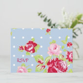 Invitation RSVP de réception de mariage Roses sur bleu (Debout devant)