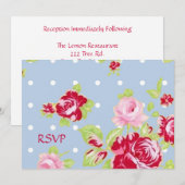 Invitation RSVP de réception de mariage Roses sur fond bleu (Devant / Derrière)