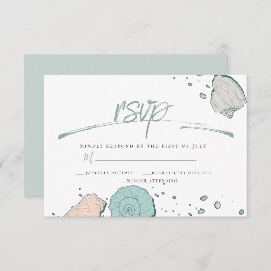 Invitation RSVP | Décontracté Beach Seashells Coral et Turquo (Devant / Derrière)