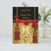 Invitation RSVP Elegant Damask Black Red Gold fête d'annivers (Debout devant)