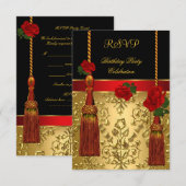 Invitation RSVP Elegant Damask Black Red Gold fête d'annivers (Devant / Derrière)
