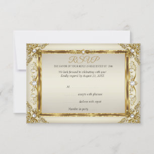 Invitation RSVP Elegant Gold Cream Pearl Damask Anniversaire