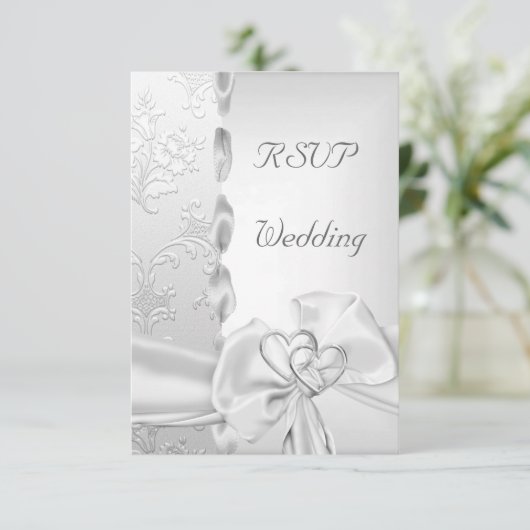 Invitation Rsvp Élégant Mariage Floral Ruban Argent Blanc Cœu (Debout devant)