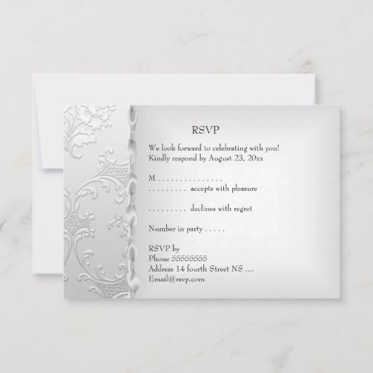 Invitation Rsvp Élégant Mariage Floral Ruban Argent Blanc Cœu (Dos)