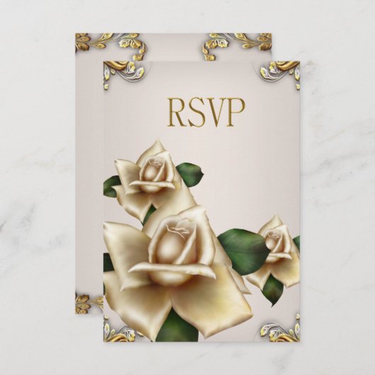 Invitation RSVP Élégant Mariage Or Crème Roses Beige (Devant / Derrière)