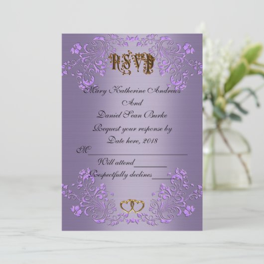 Invitation RSVP élégant mariage satin violet (Debout devant)