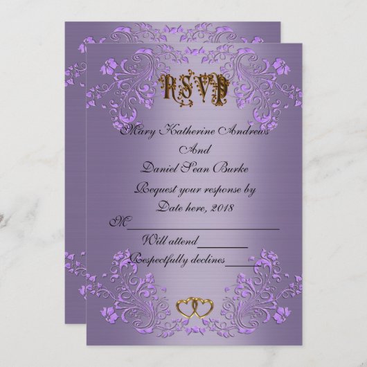 Invitation RSVP élégant mariage satin violet (Devant / Derrière)