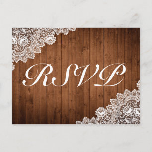 Invitation RSVP en bois rustique et dentelle blanc
