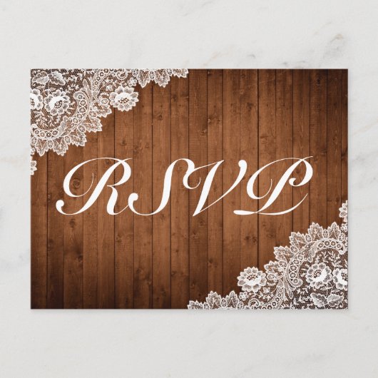 Invitation RSVP en bois rustique et dentelle blanc (Devant)