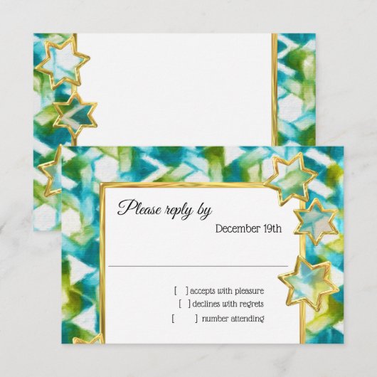 Invitation RSVP Étoile d'Or Bleu Vert Damassé (Devant / Derrière)