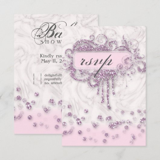 Invitation RSVP Fille Baby Shower Marbre Rose Paillettes Conf (Devant / Derrière)