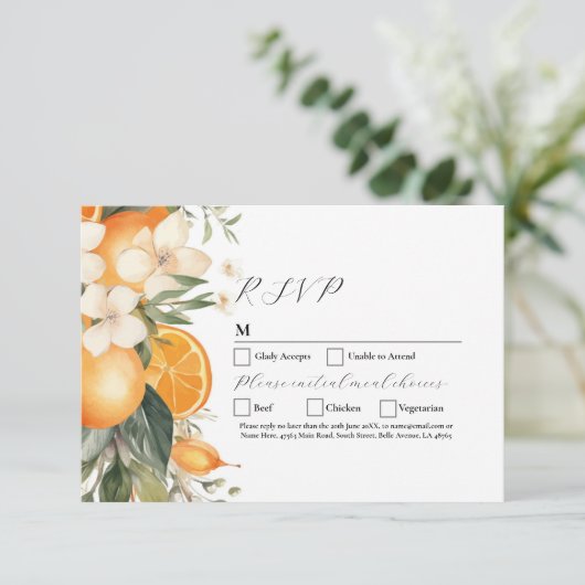 Invitation RSVP Fleurs de mariage Fruits Floraux Oranges (Debout devant)
