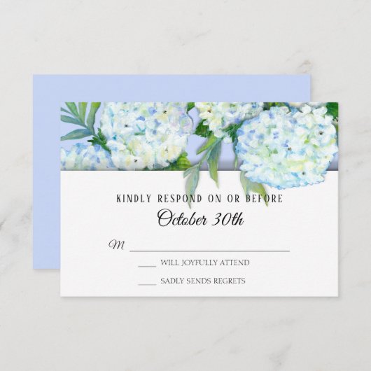 Invitation RSVP Fleurs de mariage Hydrangeas Art Bleu Pervenc (Devant / Derrière)