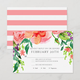 Invitation RSVP Fleurs de rose aquarelle moderne rayée de mar