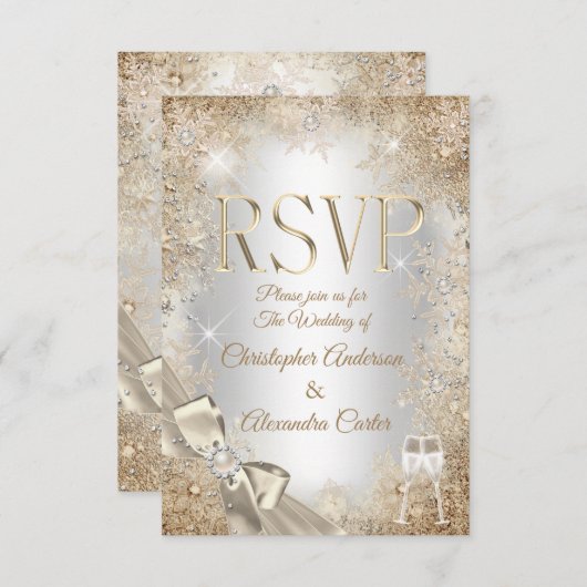 Invitation RSVP Flocon de neige en créme beige perle en acier (Devant / Derrière)
