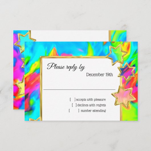 Invitation RSVP Gold Star Abstrait Turquoise Tie Dye (Devant / Derrière)