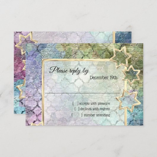 Invitation RSVP Gold Star Abstrait violet vert bleu (Devant / Derrière)