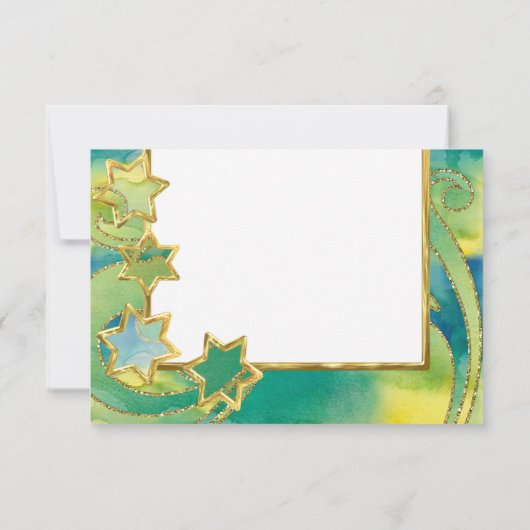 Invitation RSVP Gold Star Aquarelle Abstraite Bleu Vert (Dos)