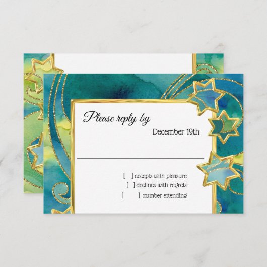 Invitation RSVP Gold Star Aquarelle Abstraite Bleu Vert (Devant / Derrière)