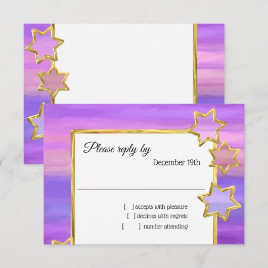 Invitation RSVP Gold Star Purple Pink Strips (Devant / Derrière)