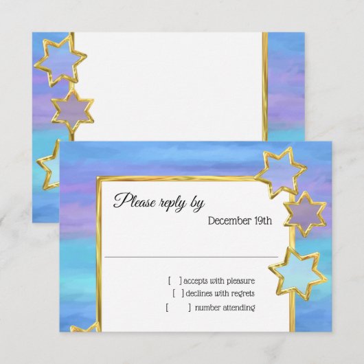 Invitation RSVP Gold Star Purple Turquoise Stripes (Devant / Derrière)