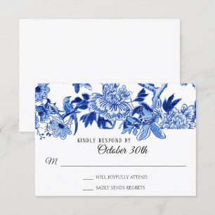 Invitation RSVP Influence Asiatique Blanc Bleu Floral Chinois
