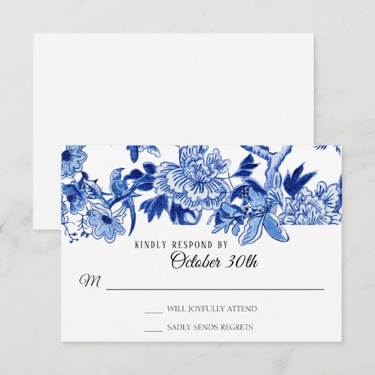 Invitation RSVP Influence Asiatique Bleu Blanc Floral Chinois (Devant / Derrière)