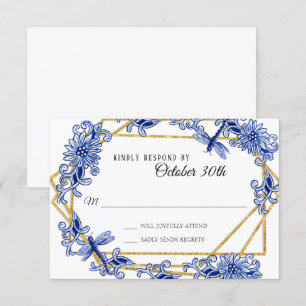 Invitation RSVP Influence Asiatique Bleu Ciel Or Libellule Fl