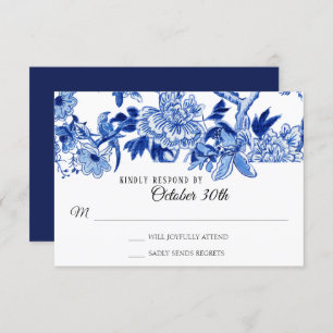 Invitation RSVP Influence asiatique Marine Blue Floral Chinoi